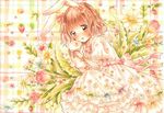  animal_ears brown_eyes brown_hair bunny bunny_ears dress flower food fruit hair_flower hair_ornament kotori_hana original petals ribbon short_hair solo strawberry 