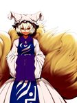  blonde_hair dress fox_tail hands_in_opposite_sleeves hat highres long_sleeves looking_at_viewer mizuga multiple_tails pillow_hat red_eyes shaded_face simple_background smile solo tabard tail touhou white_background white_dress wide_sleeves yakumo_ran 