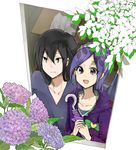  1girl :d aono_miki black_hair blush closed_umbrella collarbone couple dripping eyelashes flower fresh_precure! green_eyes happy heart hetero hydrangea indoors jacket leaf long_hair looking_at_viewer minami_shun open_mouth plant precure purple_eyes purple_hair purple_jacket ribbon shijima_(agkm) shirt smile sparkle sunlight umbrella water water_drop white_background 