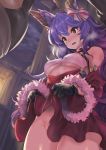  1girl animal_ears bare_shoulders blue_hair blush bow breasts detached_sleeves ear_ribbon elbow_gloves ferry_(granblue_fantasy) fingerless_gloves fur_trim gloves granblue_fantasy jewelry kztk long_hair no_panties open_mouth santa_costume sideboob single_earring skirt sweat underboob underboob_cutout wall_slam wavy_mouth yellow_eyes 