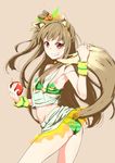  animal_ears apple ass bikini blush breasts brown_hair clearite cosplay flat_ass food fruit green_bikini grin holo long_hair looking_at_viewer love_live! love_live!_school_idol_project midriff minami_kotori minami_kotori_(cosplay) natsuiro_egao_de_1_2_jump! red_eyes sketch small_breasts smile solo spice_and_wolf swimsuit tail wolf_ears wolf_tail 