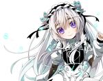  butterfly_hair_ornament chaika_trabant dress frills hair_ornament hair_ribbon hairband head_tilt hitsugi_no_chaika lolita_hairband long_hair long_sleeves looking_at_viewer moru puffy_sleeves purple_eyes ribbon silver_hair smile solo 