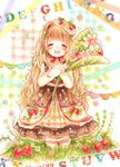  :d ^_^ blush brown_hair closed_eyes dress flower food fruit hairband happy highres kneeling kotori_hana leaf long_hair open_mouth original smile solo strawberry very_long_hair 