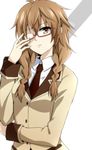  akuma_no_riddle braid brown_eyes brown_hair glasses half_opaque_glasses highres kago-tan kenmochi_shiena long_hair open_mouth red-framed_eyewear school_uniform semi-rimless_eyewear solo twin_braids 