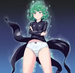  aura black_dress blue_eyes blush bow bow_panties breasts crossed_arms dress green_hair okiyumi_kase one-punch_man panties short_hair small_breasts solo tatsumaki underwear upskirt white_panties wind wind_lift 