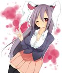  a-iueo animal_ears black_legwear breasts bunny_ears cleavage collarbone highres jacket large_breasts long_hair long_sleeves looking_at_viewer one_eye_closed purple_hair red_eyes reisen_udongein_inaba shirt skirt smile solo thighhighs touhou undersized_clothes very_long_hair zettai_ryouiki 