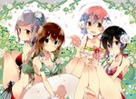  ahoge bad_id bad_pixiv_id bare_shoulders barefoot bikini black_hair brown_eyes brown_hair derivative_work flankoi_(jiqingjie2008) flower green_eyes hair_flower hair_ornament highres long_hair multiple_girls pink_hair purple_eyes purple_hair rose short_hair smile swimsuit white_flower white_rose 