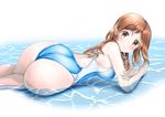  ass breasts brown_eyes brown_hair competition_swimsuit derivative_work large_breasts long_hair looking_at_viewer lying mashinatsu on_side one-piece_swimsuit original partially_submerged smile solo swimsuit water wet 