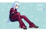 absurdres blue_hair blush brown_eyes heart highres hime_cut kula_diamond long_hair shoes sitting solo sonikey0_0 the_king_of_fighters very_long_hair zipper 