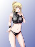  ass_visible_through_thighs bad_id bad_pixiv_id bangs bikini black_bikini blonde_hair blue_background blue_eyes breasts contrapposto cowboy_shot eyebrows_visible_through_hair gradient gradient_background hair_tie halterneck hand_on_hip hand_on_own_chest hand_up head_tilt high_ponytail highres large_breasts legs_apart long_hair looking_at_viewer metroid navel parted_bangs samus_aran shadow sidelocks solo sports_bikini standing super_metroid swept_bangs swimsuit tamamon taut_clothes turtleneck wristband zipper 