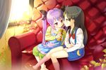  apron barefoot black_hair brown_eyes couch crossover drink drinking_straw hair_bobbles hair_ornament highres kitashirakawa_anko kneehighs long_hair miyauchi_renge multiple_girls non_non_biyori one_side_up overalls pants purple_eyes purple_hair ribbon shared_drink shorts sitting smile suspenders tamako_market totem_(fujihan) twintails yuri 