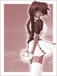  annet_myer artist_request braid el_viento gift gloves holding long_hair looking_back monochrome puffy_short_sleeves puffy_sleeves short_sleeves solo source_request thighhighs white_gloves zettai_ryouiki 