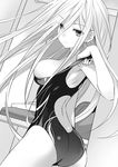  ass back breasts competition_swimsuit date_a_live ellen_mira_mathers greyscale highres large_breasts long_hair monochrome novel_illustration official_art one-piece_swimsuit swimsuit swimsuit_pull tsunako 