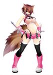  1girl animal_ears blazblue breasts brown_hair cum cum_in_pussy cumdrip full_body green_eyes hands_on_hips large_breasts makoto_nanaya miniskirt short_hair skirt solo squirrel_ears squirrel_tail tail thighhighs underboob wolf_ears wolf_girl wolf_tail 