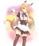  apron blonde_hair blue_eyes blush cup drink female food fox_ears fox_tail hair hi_res highres human legwear long_hair looking_at_viewer maid maid_apron maid_uniform mammal mikususannda mizuyou_kan plate ribbon ribbons smile solo tail teapot thigh_highs thighhighs tray waiter 