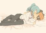  bed blue_hair closed_eyes endou_mamoru hair_down hair_over_one_eye inazuma_eleven inazuma_eleven_(series) kazemaru_ichirouta kiss long_hair m_(pixiv9151) male_focus multiple_boys on_bed school_uniform yaoi 