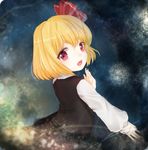  blonde_hair cowboy_shot fang from_behind gradient gradient_background hair_ribbon light_particles light_trail long_sleeves looking_back open_mouth red_eyes ribbon rounded_corners rs_akatuki rumia short_hair skirt skirt_set solo touhou 