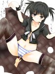  1girl bdsm black_hair bondage bound chains character_request copyright_request cuffs fingering kooh navel pangya panties pussy_juice red_eyes short_hair spread_legs striped striped_panties thighhighs translation_request tukisimawataru twintails underwear 