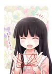  ^_^ black_hair blush bow cat's_cradle closed_eyes fingers flower_(symbol) houraisan_kaguya long_hair morioka_itari open_mouth playing smile solo string touhou translated 