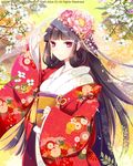  black_hair japanese_clothes jonejung kimono long_hair moriah_saga official_art red_eyes solo veil 