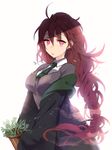  ahoge bittersweet_(dalcoms) braid breasts earrings highres jewelry large_breasts long_hair looking_at_viewer messy_hair necktie original plant potted_plant red_eyes red_hair school_uniform simple_background single_braid solo very_long_hair white_background 