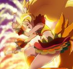  &gt;_&lt; :d blonde_hair blush boots closed_eyes coconut_samba cure_honey dual_wielding from_side glowing happinesscharge_precure! happy haruyama_kazunori holding long_hair magic magical_girl midriff oomori_yuuko open_mouth orange_footwear ponytail precure profile samba smile solo sparkle thighs xd 