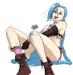  1girl blue_hair boots braid gloves hairline jinx_(league_of_legends) league_of_legends lowres tattoo 