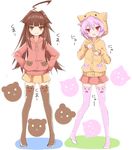  ahoge animal_band_legwear animal_hood animal_print bear_band bear_print brown_hair brown_legwear cat_band_legwear cat_hood cat_print hands_on_hips hood hoodie kamu_(geeenius) kantai_collection kuma_(kantai_collection) long_hair multiple_girls orange_eyes paw_pose purple_hair purple_legwear red_eyes short_hair skirt tama_(kantai_collection) thighhighs translated zettai_ryouiki 