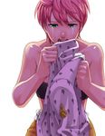  backlighting bare_shoulders crying green_eyes holding holding_clothes jacket jojo_no_kimyou_na_bouken midriff open_mouth pink_hair short_hair skirt tears trish_una vento_aureo 