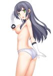  :d agano_(kantai_collection) ass back black_hair blue_panties breasts cowboy_shot from_side gloves green_eyes kantai_collection long_hair looking_at_viewer looking_back medium_breasts nipples open_mouth panties salute simple_background smile solo takayaki topless underwear underwear_only white_background white_gloves 