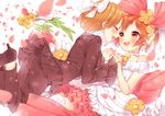  ^_^ blush bow brown_eyes brown_hair closed_eyes dress earrings face-to-face flower formal frilled_shirt_collar frills hair_bow happy high_heels holding_hands hoshizora_rin interlocked_fingers jewelry koizumi_hanayo kuroki_(ma-na-tu) long_sleeves love_live! love_live!_school_idol_project love_wing_bell multiple_girls open_mouth orange_hair pants petals short_hair smile suit thighhighs veil white_background white_dress white_legwear yuri 