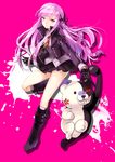  boots braid danganronpa danganronpa_1 gloves hair_ribbon jacket kirigiri_kyouko long_hair looking_at_viewer miniskirt monokuma necktie pink_background platina77 purple_eyes purple_hair ribbon single_braid skirt solo_focus 