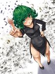  black_dress breasts curly_hair dress green_eyes green_hair hand_on_hip no_panties one-punch_man pointing pointing_up pout seinto_(metameter) short_hair small_breasts solo standing tatsumaki telekinesis 
