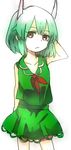  alternate_hairstyle ascot bad_id bad_pixiv_id bare_arms brown_eyes collarbone ex-keine gradient_hair green_hair green_skirt hand_on_own_head horns kamishirasawa_keine multicolored_hair short_hair simple_background skirt solo touhou younger yuichiitan 