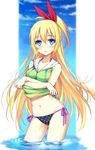  bikini bikini_under_clothes blonde_hair blue_eyes blush breasts cleavage hair_ribbon hood hoodie kirisaki_chitoge long_hair md5_mismatch medium_breasts navel nisekoi parted_lips polka_dot polka_dot_bikini polka_dot_swimsuit ribbon side-tie_bikini solo stomach swimsuit swimsuit_under_clothes tonee undressing wading water 