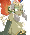  1girl blush breasts dark_skin eyeshadow female fire gerudo green_skin grey_hair hair_tubes ice large_breasts lipstick makeup ocarina_of_time one_eye_closed payot red_eyes red_lipstick sidelocks solo tanpoponagata tears the_legend_of_zelda the_legend_of_zelda:_ocarina_of_time twinrova 