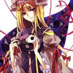  aeolus blonde_hair closed_fan fan folding_fan frilled_sleeves frills gap hair_ribbon hat long_hair long_sleeves looking_at_viewer mob_cap purple_eyes ribbon smile solo tabard touhou tress_ribbon turtleneck very_long_hair yakumo_yukari yin_yang 