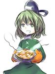  :d bad_id bad_pixiv_id carrying food green_eyes green_hair hat open_mouth oven_mitts pie short_hair simple_background smile soga_no_tojiko solo steam tate_eboshi touhou yuichiitan 