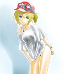  blonde_hair blue_eyes chaborin collarbone goggles goggles_on_head hat one-piece_swimsuit original ponytail shiny shiny_skin shirt shirt_tug short_hair smile solo standing swimsuit swimsuit_under_clothes t-shirt 