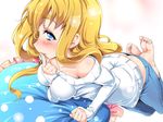  barefoot blonde_hair blue_eyes blush butt_crack denim finger_to_mouth jeans k-on! kotobuki_tsumugi lips long_hair looking_at_viewer pants pillow shiranagi solo sweater 