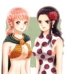  2girls aunt aunt_and_niece black_hair breasts brown_eyes cape dressrosa family flower hair_flower hair_ornament large_breasts long_hair multiple_girls niece one_piece pink_hair polka_dot rebecca_(one_piece) rose shueisha sideboob viola_(one_piece) violet_(one_piece) 
