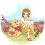  animal bear brown_eyes brown_hair crossover english eyelashes happinesscharge_precure! happy honey looking_at_another object_namesake oomori_yuuko overalls pooh precure red_shirt ribbon shirt shoes short_hair sitting smile solo trait_connection tsukikage_oyama winnie_the_pooh yellow_shirt 