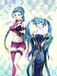  aqua_hair bare_shoulders bingseiml blue_eyes blue_hair braid breasts bullet cleavage cosplay costume_switch fingerless_gloves flat_chest gloves highres jewelry jinx_(league_of_legends) jinx_(league_of_legends)_(cosplay) large_breasts league_of_legends long_hair multiple_girls navel necklace open_mouth pink_eyes smile sona_buvelle sona_buvelle_(cosplay) tattoo thighhighs treble_clef twin_braids twintails very_long_hair 
