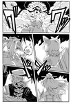  cape comic explosion greyscale harukon_(halcon) hat headgear kantai_collection kiso_(kantai_collection) kumano_(kantai_collection) long_hair monochrome multiple_girls open_mouth ponytail ryuujou_(kantai_collection) shinkaisei-kan short_hair tenryuu_(kantai_collection) translated turret twintails visor_cap wo-class_aircraft_carrier 