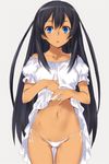  :o bad_id bad_twitter_id black_hair blue_eyes blush captain_earth collarbone cowboy_shot dark_skin dress dress_lift highres kawata_hisashi long_hair looking_at_viewer lowleg lowleg_panties mutou_hana navel open_mouth panties short_sleeves side-tie_panties simple_background solo stomach string_panties two_side_up underwear very_long_hair white_dress white_panties 