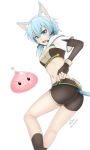  1girl animal_ears ass bike_shorts blue_eyes blue_hair blush breasts cameltoe cat_ears cat_tail fingerless_gloves gloves long_sleeves looking_at_viewer nutto open_mouth shiny shiny_hair short_hair short_shorts shorts sinon sinon_(sao-alo) socks sword_art_online tail 