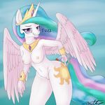  2014 absurd_res anthro anthrofied armpits breasts butt crown english_text equine eyelashes feathers female friendship_is_magic hair half-closed_eyes hand_on_butt happy headgear hi_res horn horse long_hair looking_at_viewer mammal multi-colored_hair my_little_pony navel nipples nude pegasus princess princess_celestia_(mlp) pussy royalty smile solo teeth text unicorn winged_unicorn wings xanthordragon 