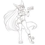  anthro banana breasts canine chest_fur chest_tuft clothed clothing female fennec fox fruit fruits fur hair line_art long_hair luckypan mammal monochrome nipples one_eye_closed skimpy smirk solo standing tongue tongue_out tuft wink 