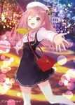  ;d ange_vierge aqua_eyes bag dress dress_shirt handbag happy hat lamppost long_hair one_eye_closed open_mouth outstretched_arms pink_hair pleated_dress shirabi shirt smile solo spread_arms thighhighs white_legwear 
