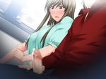  1boy 1girl atelier_g/h blush breasts censored cum embarrassed game_cg hissatsu_bokkijin_shigoku_no_kairaku_chikan large_breasts masturbation milf nagoshi_miyako penis penis_awe surprised train train_interior 